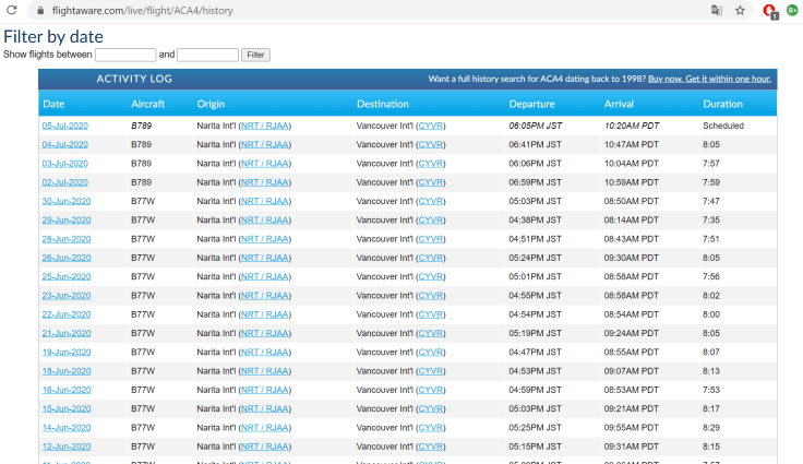Air Canada AC4 Tokyo Vancouver flight history no cancellation