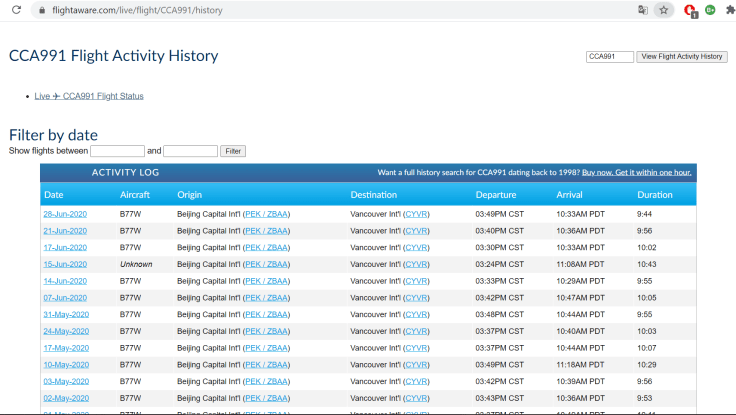 Air China Beijing Vancouver flight history 1