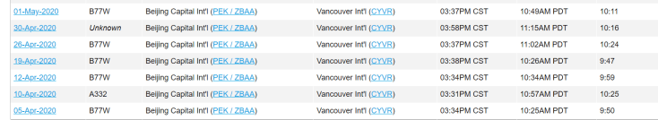 Air China Beijing Vancouver flight history 2