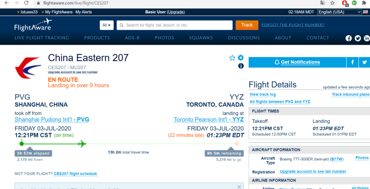 China Eastern 3 juillet en route