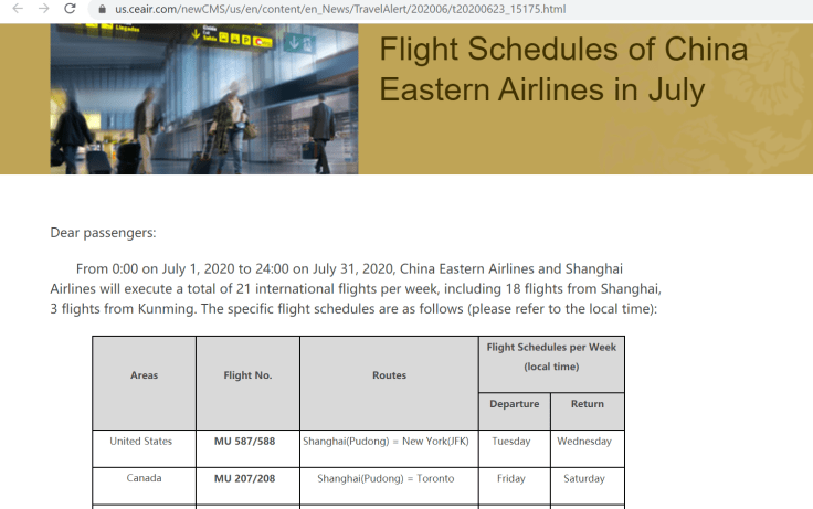 China Eastern July schedule